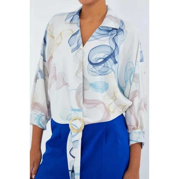 Oversize Dökümlü Crop Saten Gömlek 906  Mavi