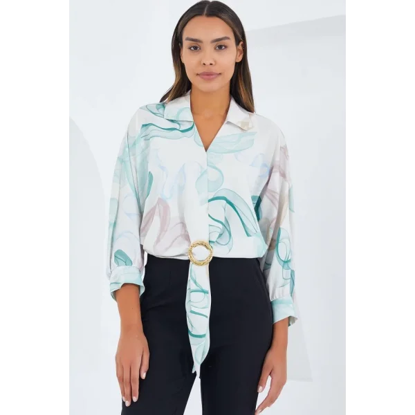 Oversize Dökümlü Crop Saten Gömlek 906  Mint