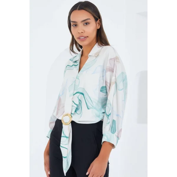 Oversize Dökümlü Crop Saten Gömlek 906  Mint