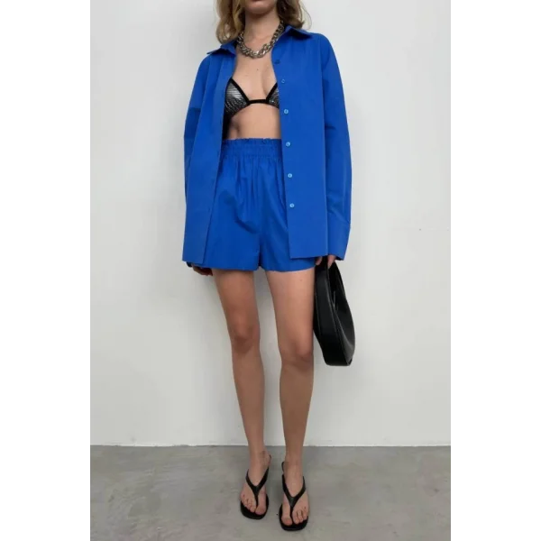 Oversize Gömlek Büzgülü Şort Takım