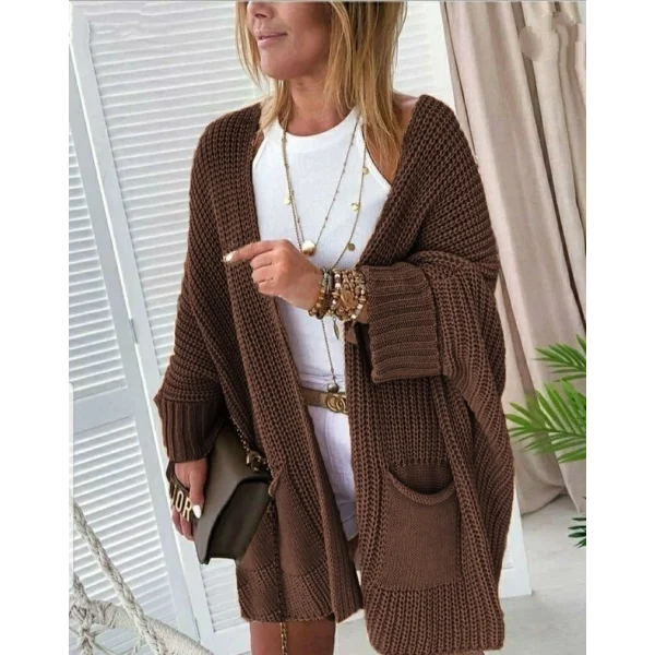 Oversize Kalıp Cepli Salaş Triko Hırka Kahve