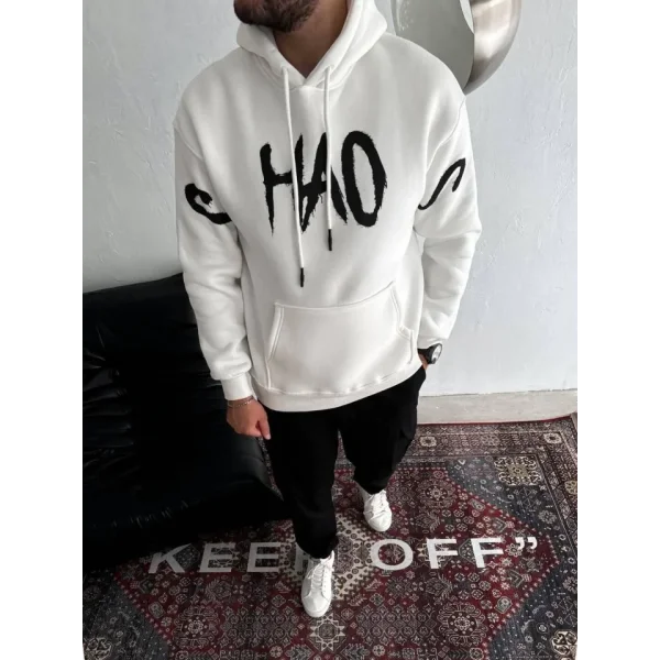Oversize Kapşonlu Baskılı SweatShirt - Beyaz