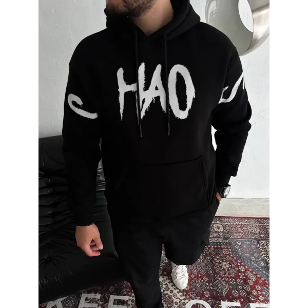 Oversize Kapşonlu Baskılı SweatShirt - Siyah