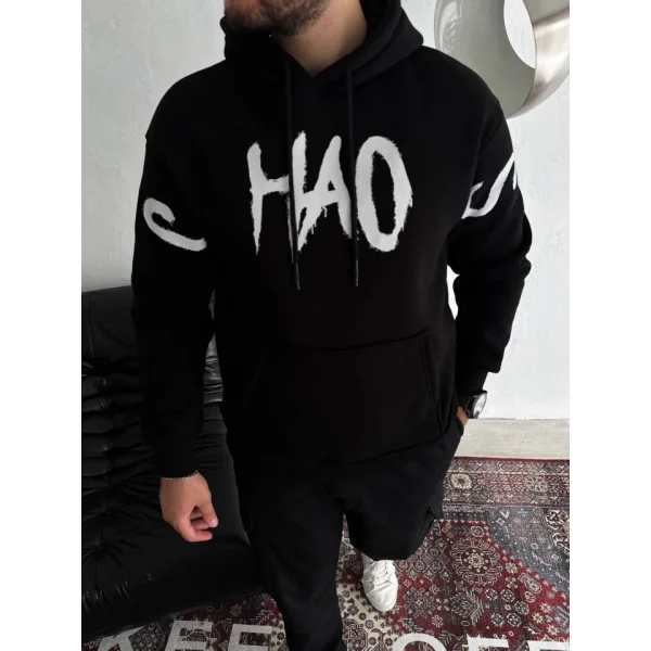 Oversize Kapşonlu Baskılı SweatShirt - Siyah