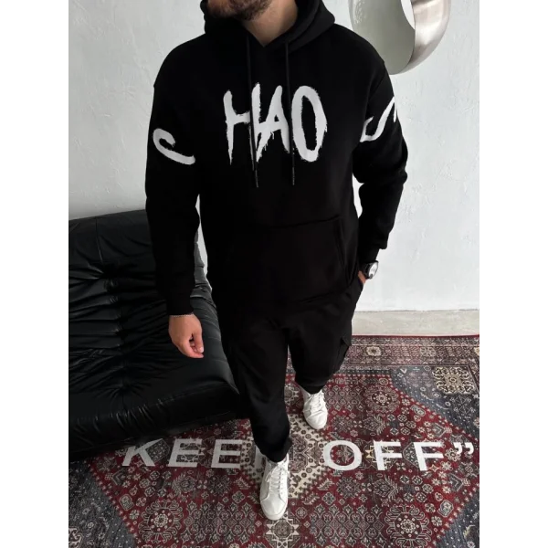 Oversize Kapşonlu Baskılı SweatShirt - Siyah