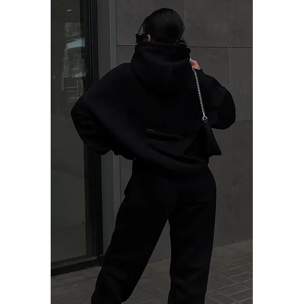 Oversize Kapüşonlu Üç İplik Baskılı Eşofman Takım - Siyah