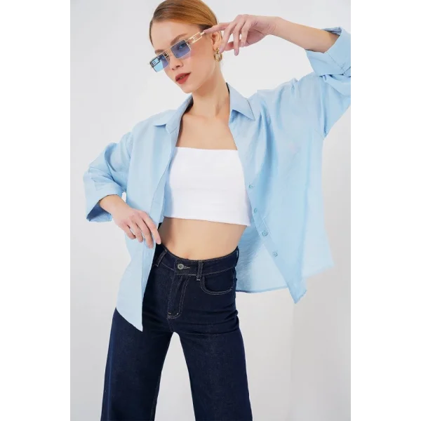 Oversize Kısa Kol Gömlek 20315 - Mavi