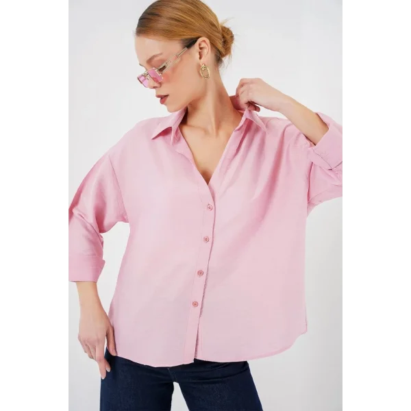 Oversize Kısa Kol Gömlek 20315 - Pembe
