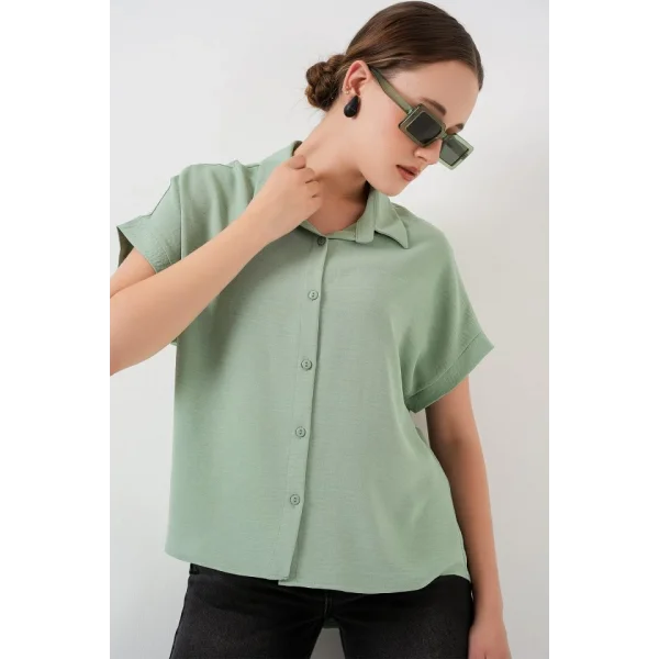 Oversize Kısa Kol Gömlek 20322 - Çağla