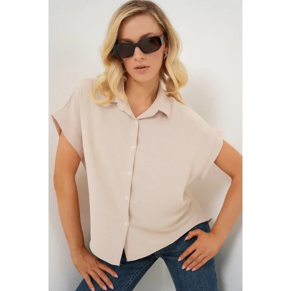 Oversize Kısa Kol Gömlek 20322 - Krem