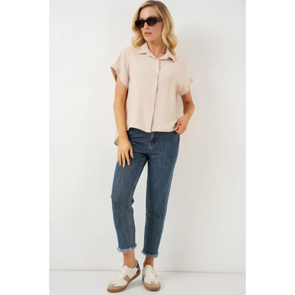 Oversize Kısa Kol Gömlek 20322 - Krem