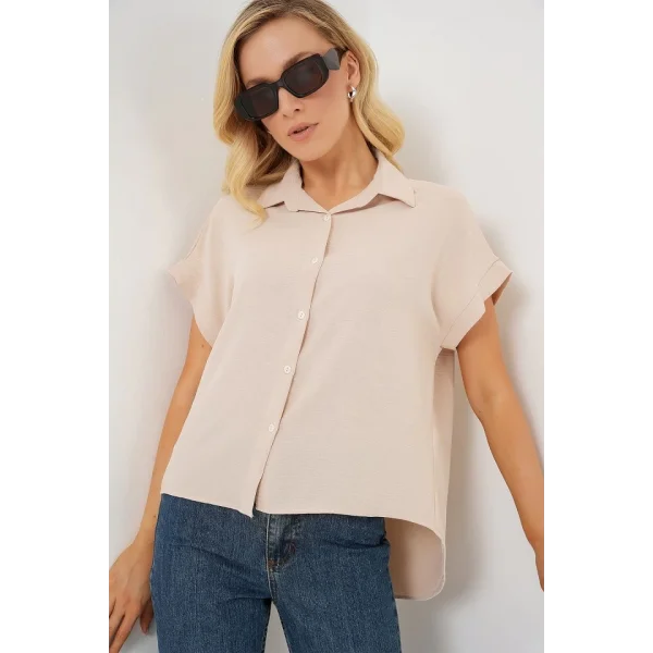 Oversize Kısa Kol Gömlek 20322 - Krem