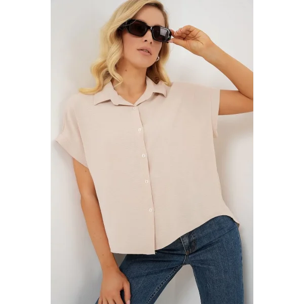 Oversize Kısa Kol Gömlek 20322 - Krem