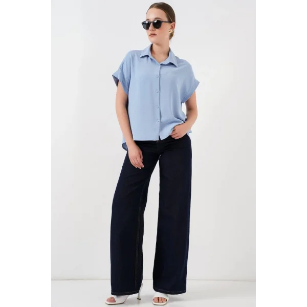 Oversize Kısa Kol Gömlek 20322 - Mavi
