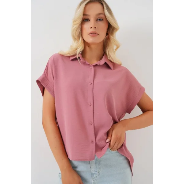 Oversize Kısa Kol Gömlek 20322 - Pembe