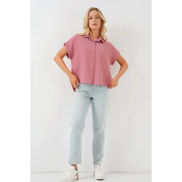 Oversize Kısa Kol Gömlek 20322 - Pembe