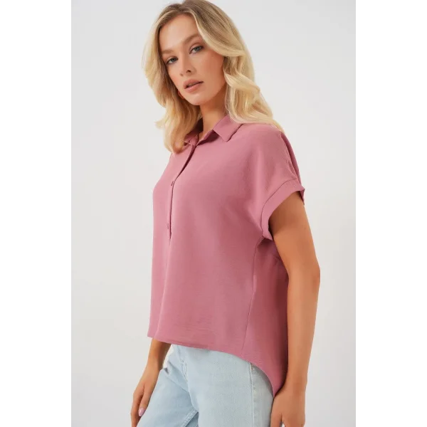 Oversize Kısa Kol Gömlek 20322 - Pembe