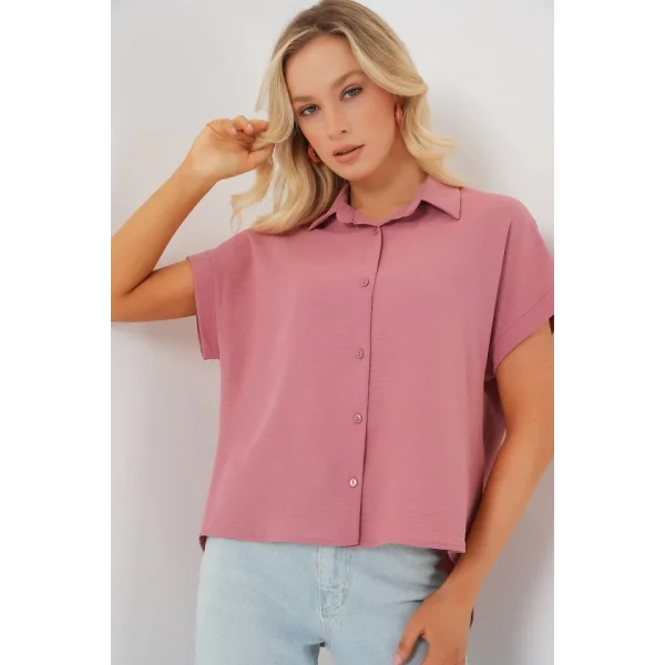 Oversize Kısa Kol Gömlek 20322 - Pembe