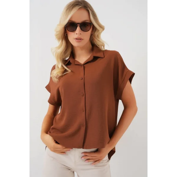 Oversize Kısa Kol Gömlek 20322 - Taba