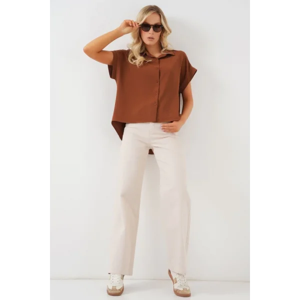 Oversize Kısa Kol Gömlek 20322 - Taba