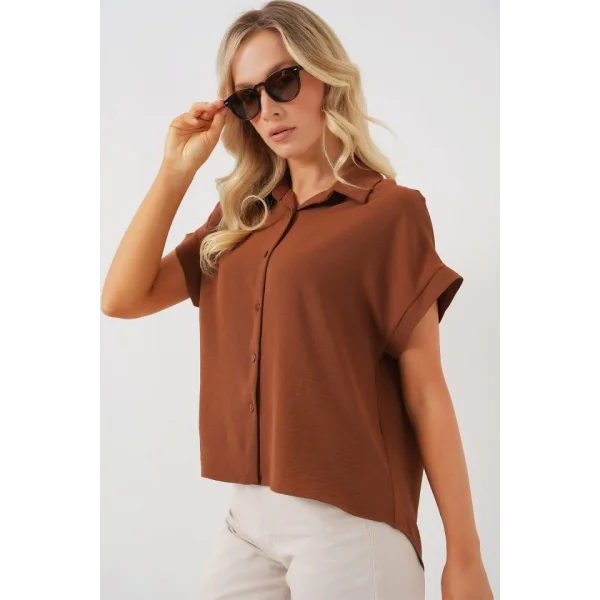 Oversize Kısa Kol Gömlek 20322 - Taba