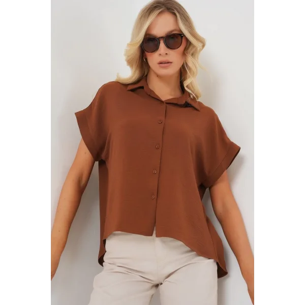 Oversize Kısa Kol Gömlek 20322 - Taba