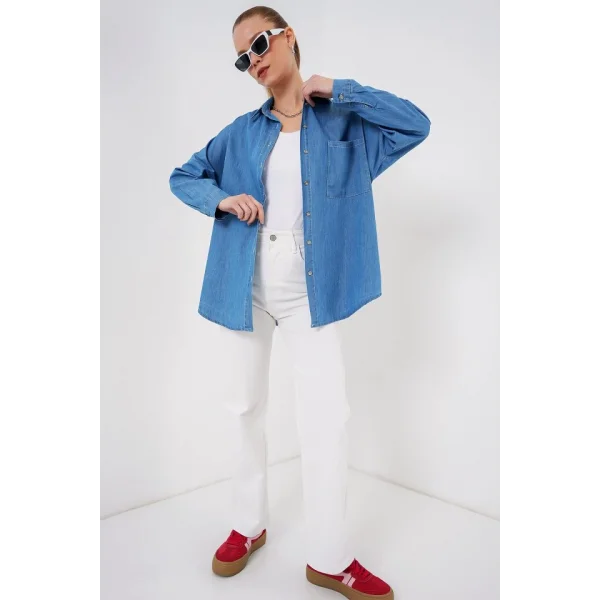 Oversize Kot Gömlek 20280 - Mavi