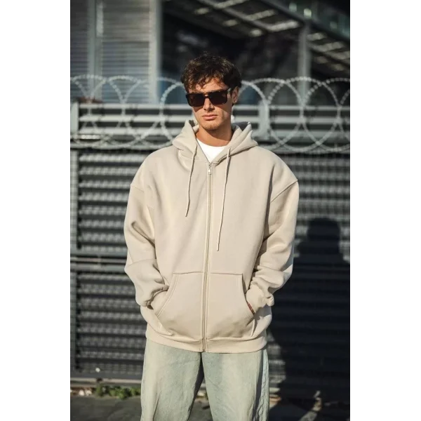 Oversize Tam Fermuarlı Uzun Kol Hırka - Bej