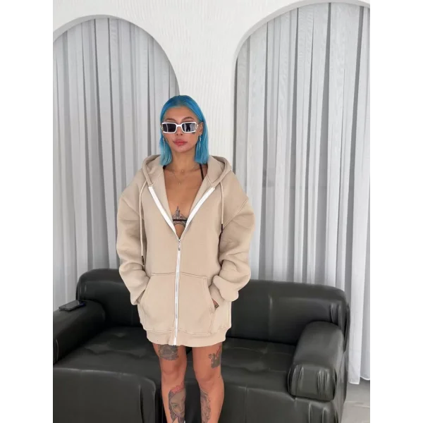 Oversize Tam Fermuarlı Uzun Kol Hırka - Bej