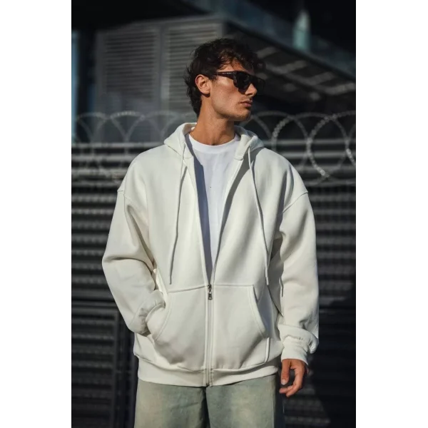Oversize Tam Fermuarlı Uzun Kol Hırka - Beyaz