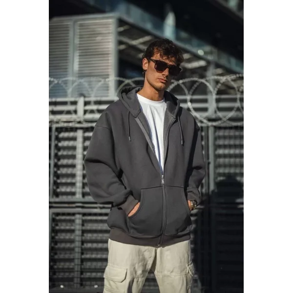 Oversize Tam Fermuarlı Uzun Kol Hırka - Füme