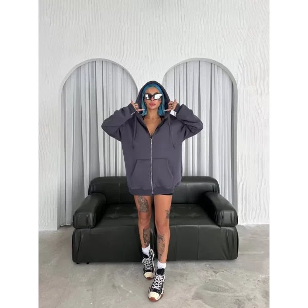 Oversize Tam Fermuarlı Uzun Kol Hırka - Füme