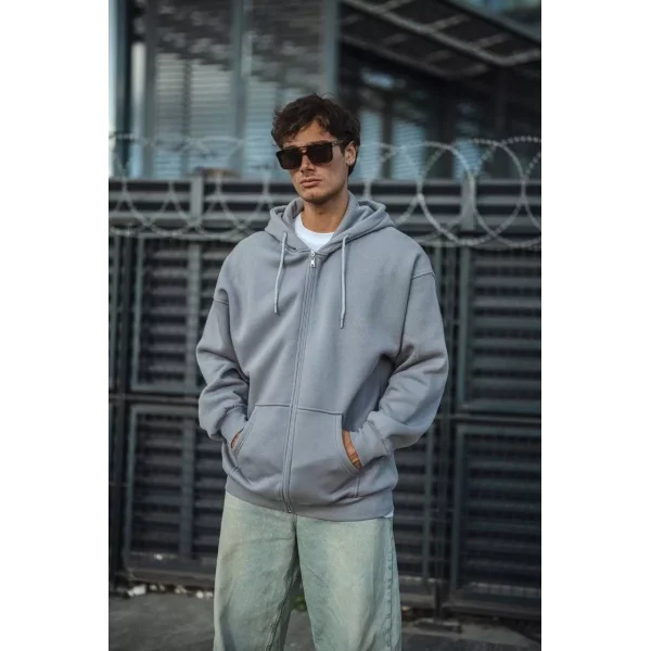 Oversize Tam Fermuarlı Uzun Kol Hırka - Gri