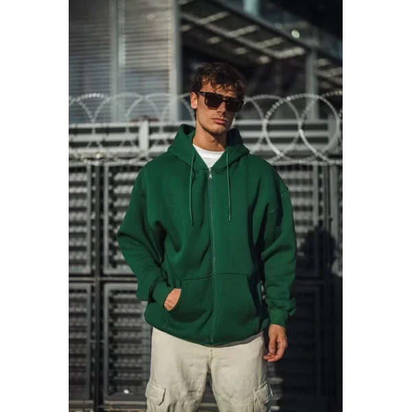 Oversize Tam Fermuarlı Uzun Kol Hırka - Haki