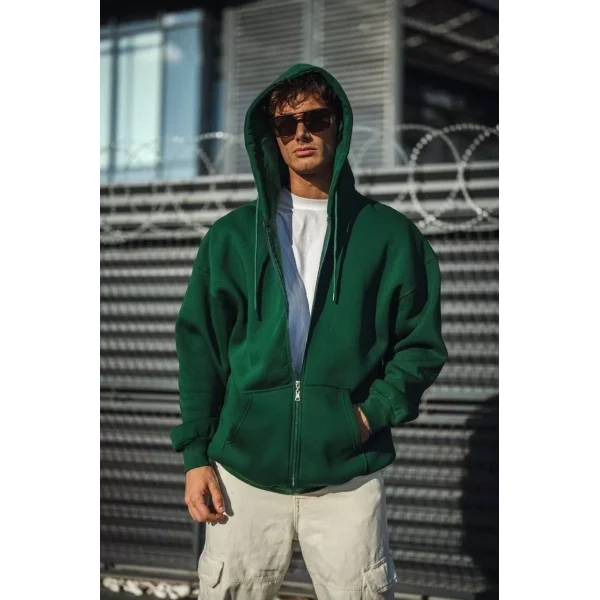 Oversize Tam Fermuarlı Uzun Kol Hırka - Haki