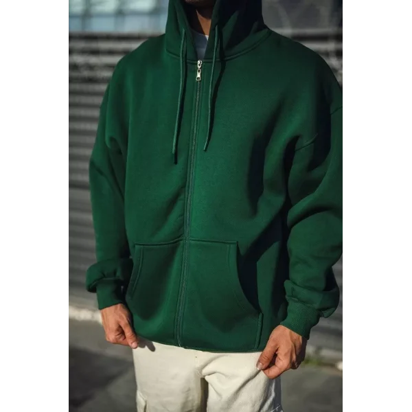 Oversize Tam Fermuarlı Uzun Kol Hırka - Haki