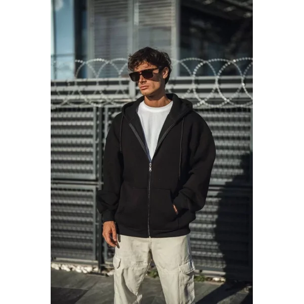 Oversize Tam Fermuarlı Uzun Kol Hırka - Siyah