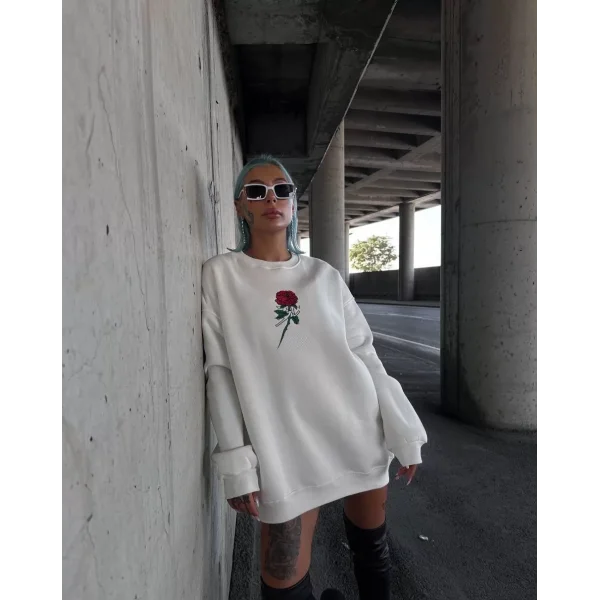 Oversize Üç İplik Bisiklet Yaka Baskılı SweatShirt - Beyaz