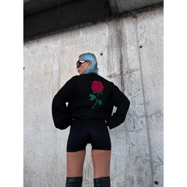Oversize Üç İplik Bisiklet Yaka Baskılı SweatShirt - Siyah