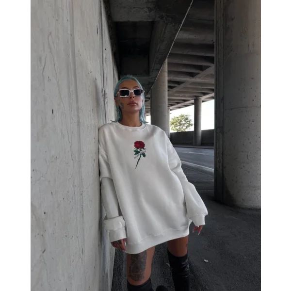 Oversize Üç İplik Bisiklet Yaka Baskılı weathirt  Beyaz