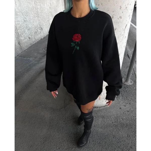 Oversize Üç İplik Bisiklet Yaka Baskılı weathirt  iyah