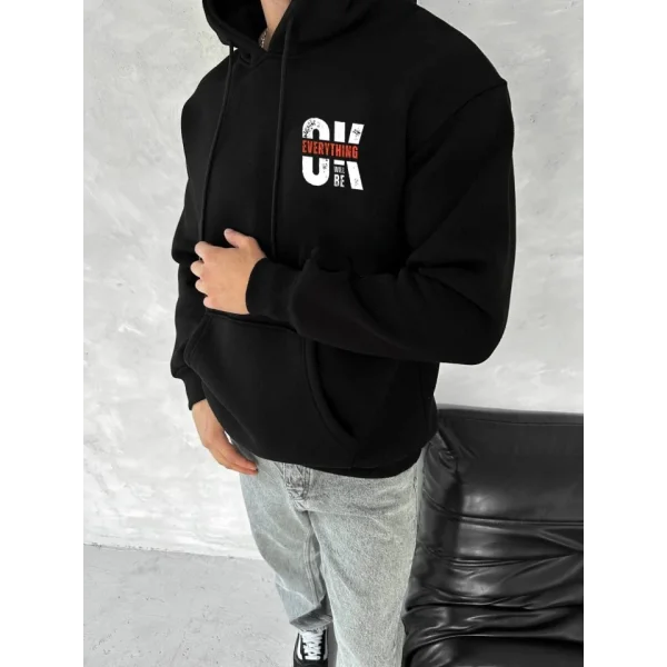 Oversize Üç İplik Kapşonlu SweatShirt - Siyah