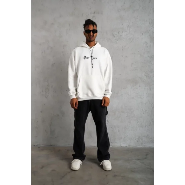 Oversize Üç İplik Şardonlu Kapüşonlu Sweatshirt – Beyaz “Other Lives” Ön Ve Arka Baskılı, Kanguru Cepli, Ribanalı Rahat Kışlık Model Beyaz