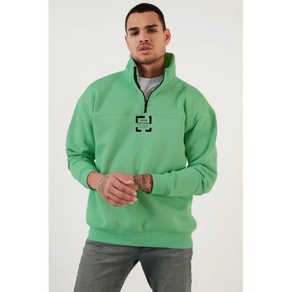 Oversize Yarım Farmuarlı Yakalı Özel Tasarım Basic SweatShirt - Açık Yeşil