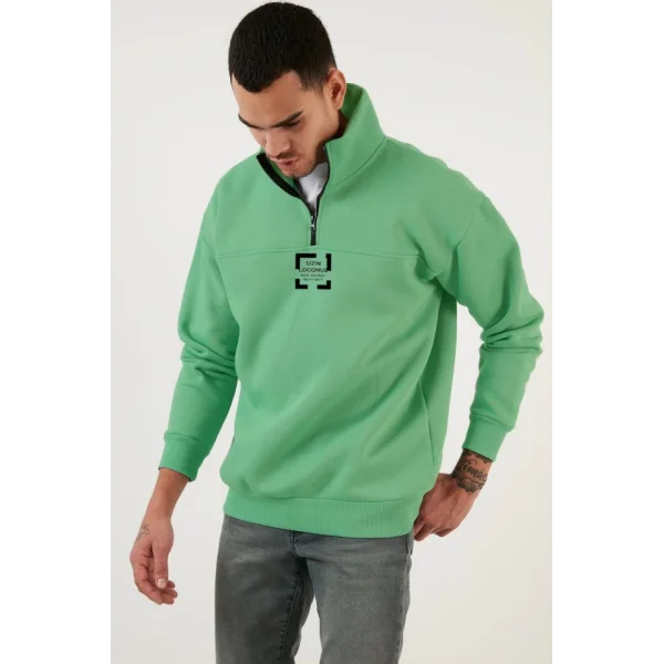 Oversize Yarım Farmuarlı Yakalı Özel Tasarım Basic SweatShirt - Açık Yeşil