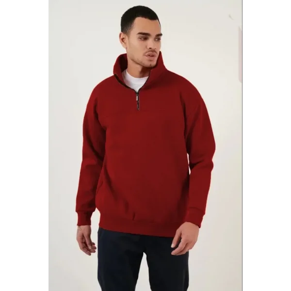 Oversize Yarım Farmuarlı Yakalı Özel Tasarım Basic SweatShirt - Bordo
