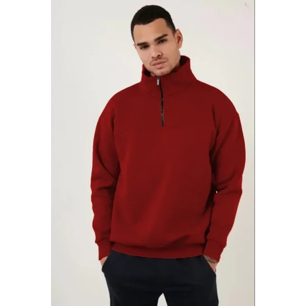 Oversize Yarım Farmuarlı Yakalı Özel Tasarım Basic SweatShirt - Bordo