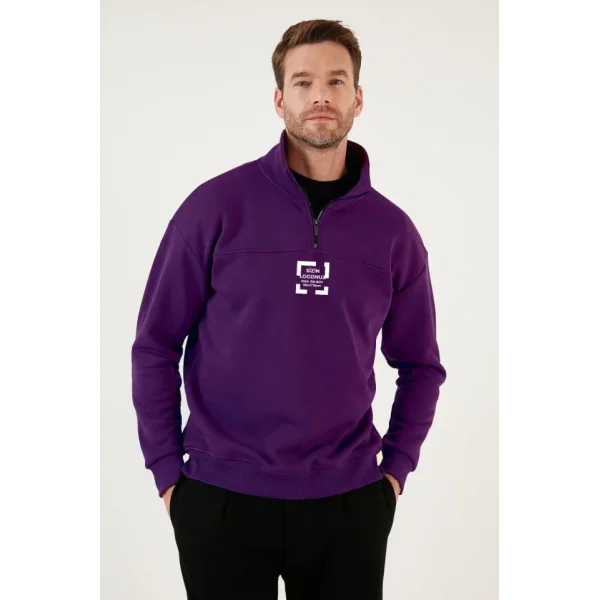 Oversize Yarım Farmuarlı Yakalı Özel Tasarım Basic SweatShirt - Mor