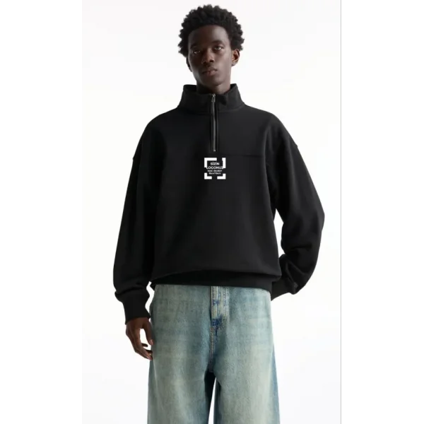 Oversize Yarım Farmuarlı Yakalı Özel Tasarım Basic SweatShirt - Siyah