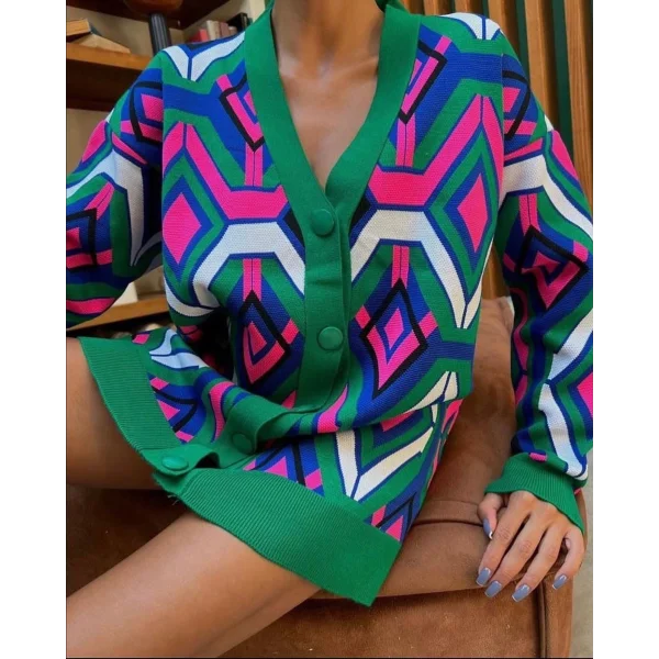 Özel Tasarım Yeşil Çelik Örgü Triko Kadın Hırka